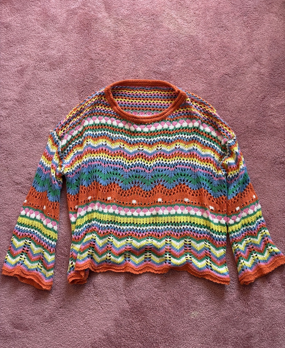 SHEIN Multicolor Crochet Chevron Scoopneck Sweater with Orange Trim